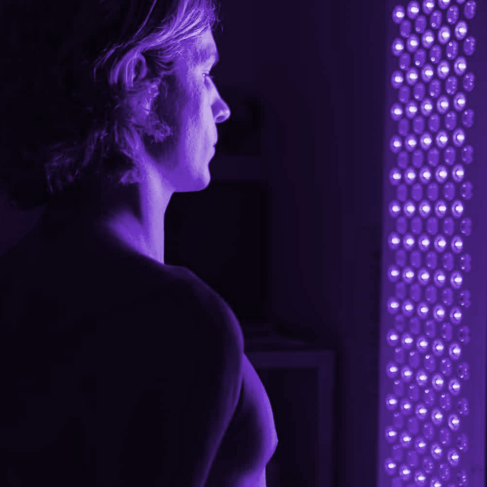 Strong indigo light therapy with person